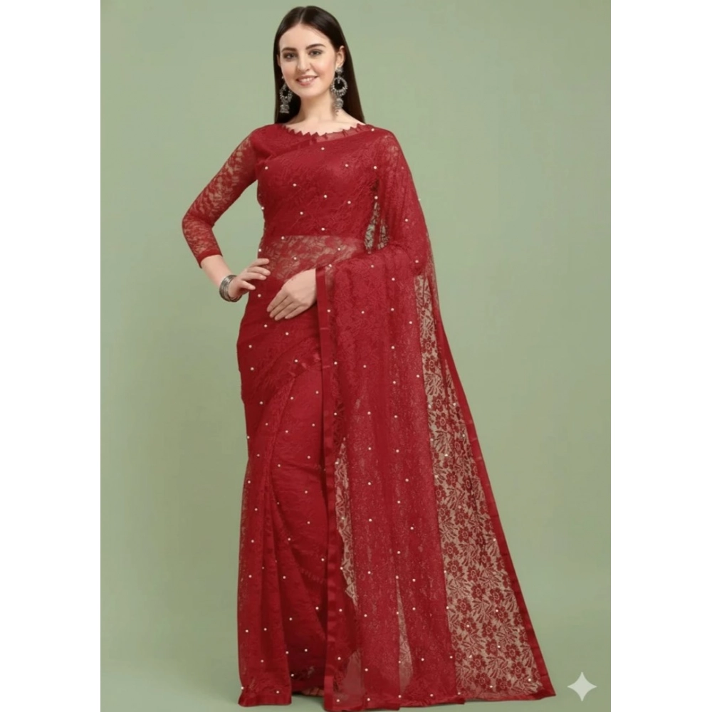 Spherevant Women's Net Self Design Saree With Unstitched Blouse 5.5Mtr (Maroon)