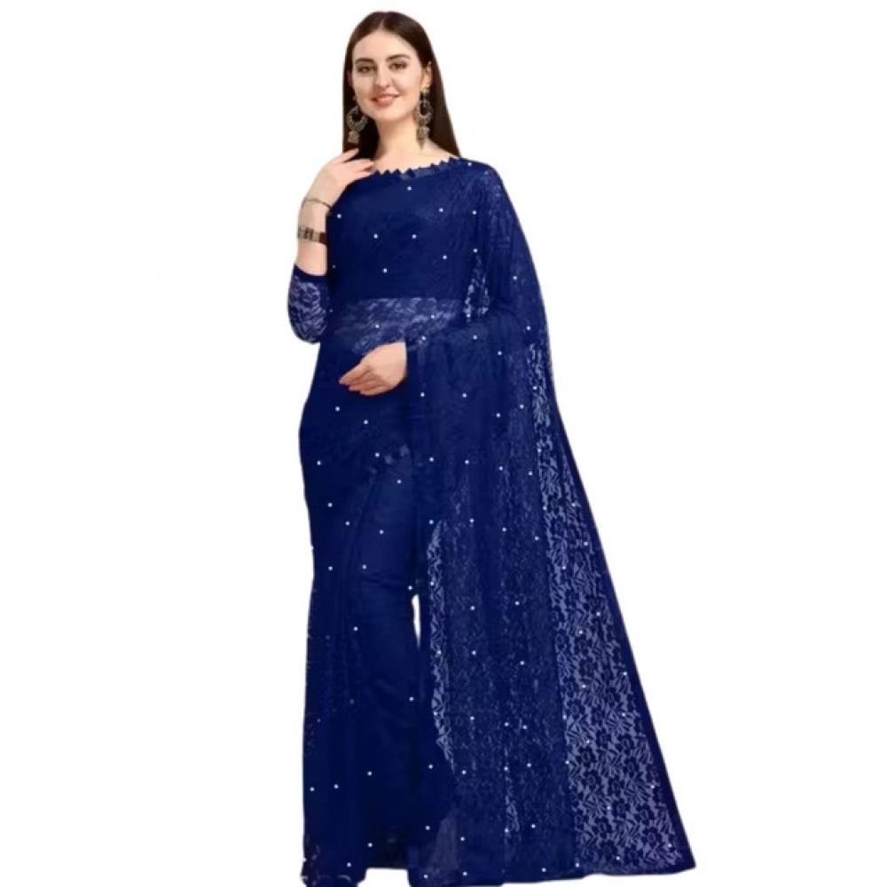 Spherevant Women's Net Self Design Saree With Unstitched Blouse 5.5Mtr (Navy Blue) - Image 2