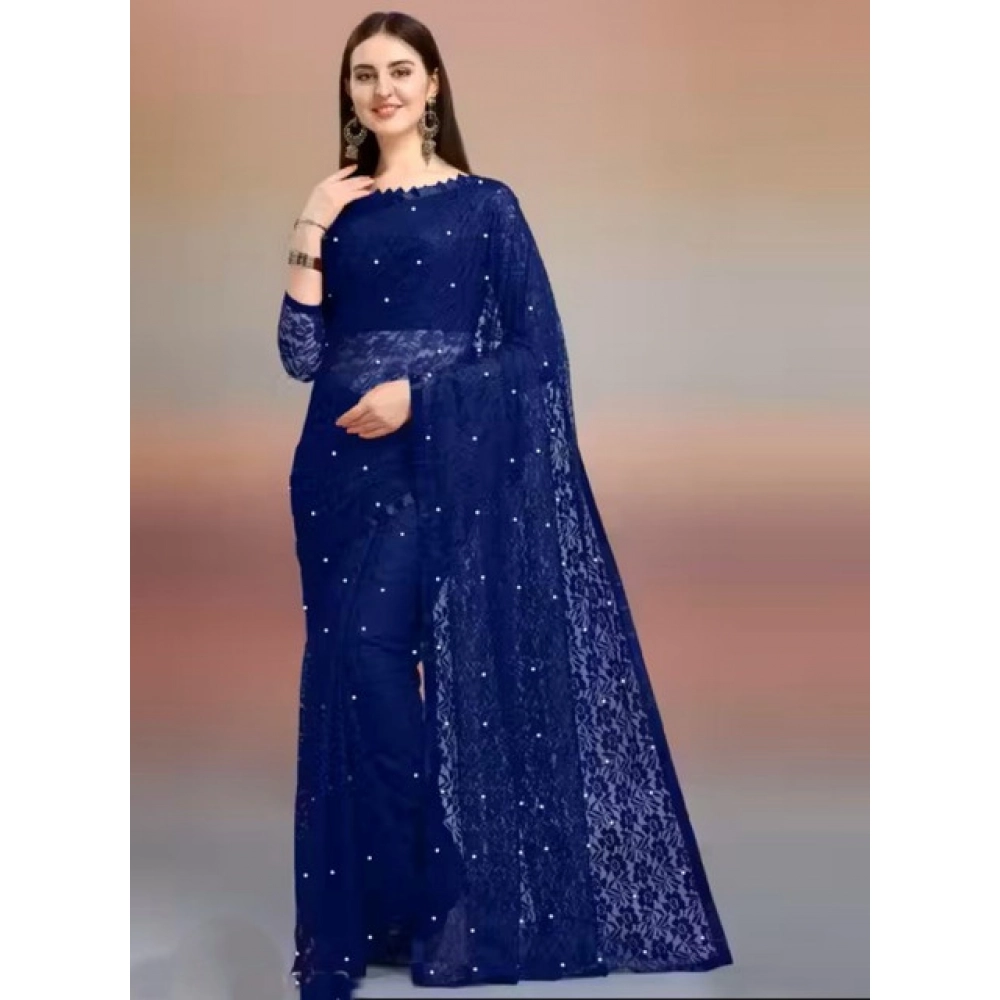 Spherevant Women's Net Self Design Saree With Unstitched Blouse 5.5Mtr (Navy Blue)