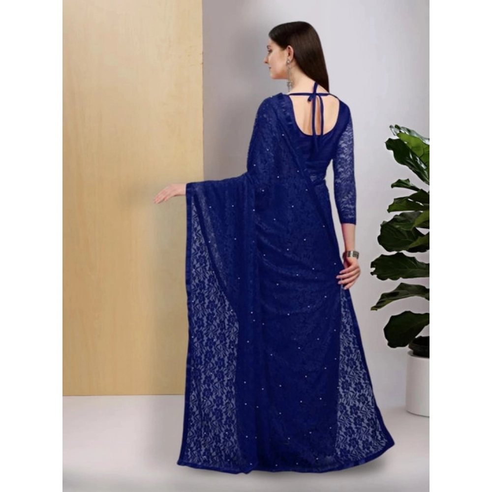 Spherevant Women's Net Self Design Saree With Unstitched Blouse 5.5Mtr (Navy Blue) - Image 4