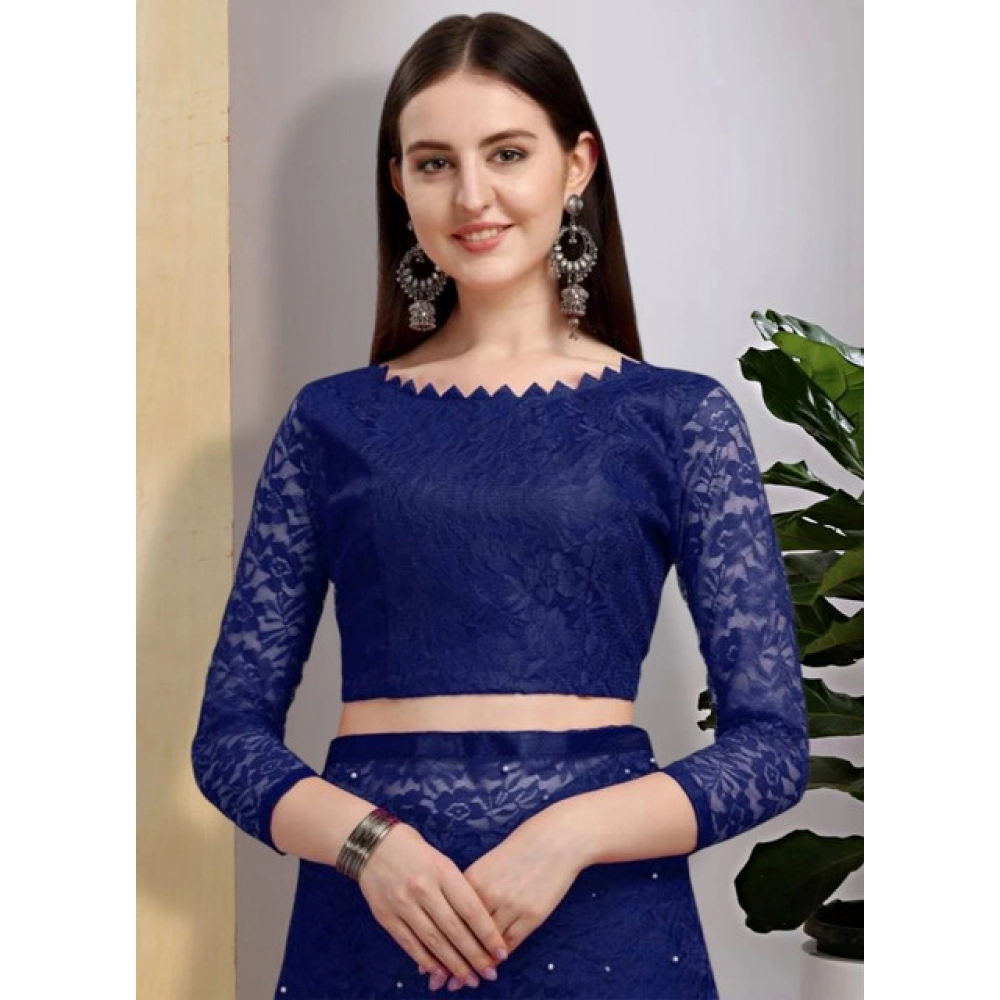 Spherevant Women's Net Self Design Saree With Unstitched Blouse 5.5Mtr (Navy Blue) - Image 3
