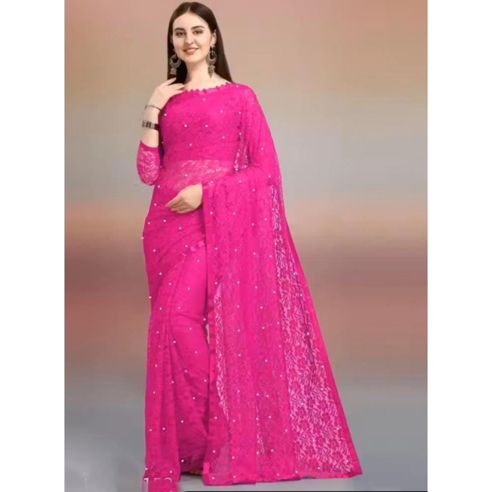 Spherevant Women's Net Self Design Saree With Unstitched Blouse 5.5Mtr (Rani)