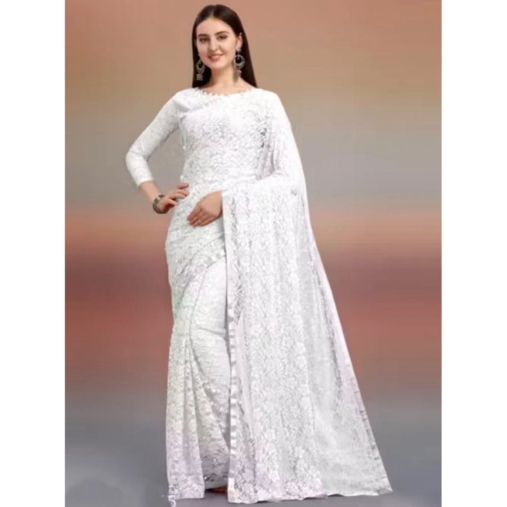Spherevant Women's Net Self Design Saree With Unstitched Blouse 5.5Mtr (White)