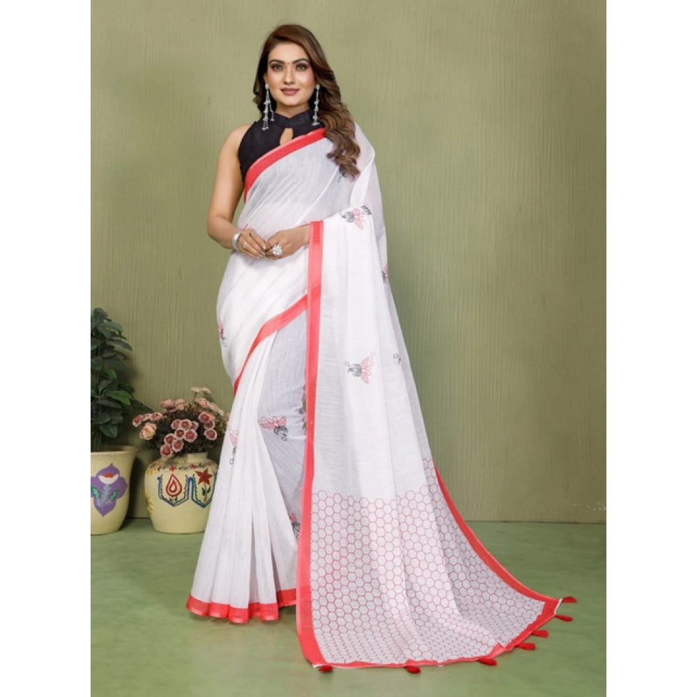 Spherevant Women's Linen Cotton Printed Saree With Unstitched Blouse 5.5Mtr (White) - Image 5