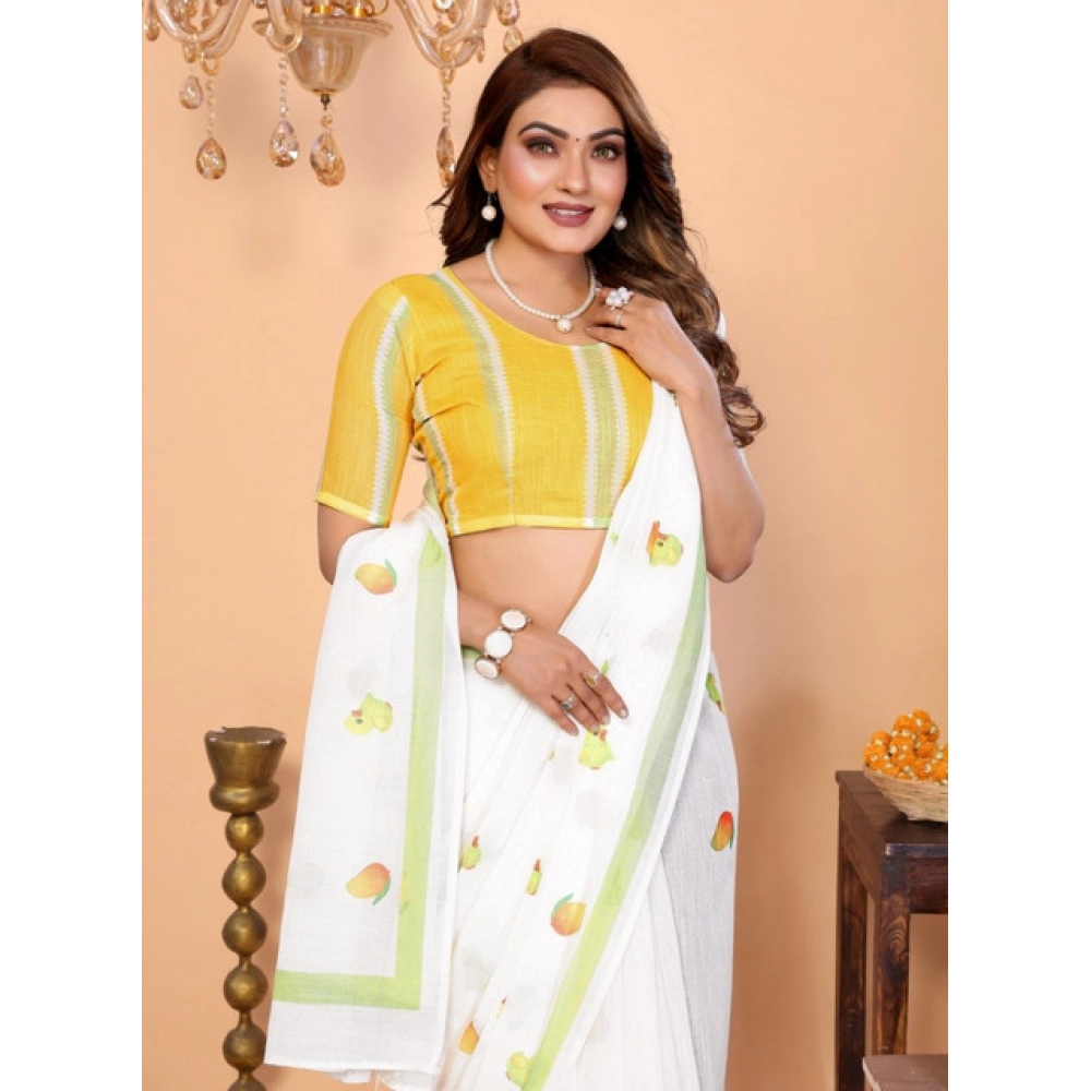 Spherevant Women's Linen Cotton Printed Saree With Unstitched Blouse 5.5Mtr (White)