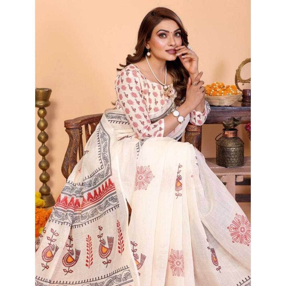 Spherevant Women's Linen Cotton Printed Saree With Unstitched Blouse 5.5Mtr (Off White)