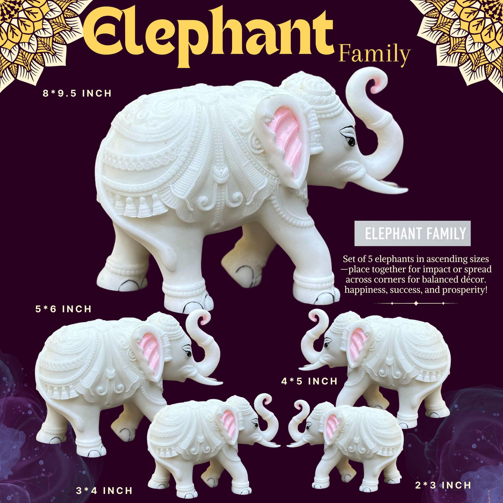 Elephant Family Showpiece Set of 5 – Royal Home Decorative Statues with Auspicious Om Symbol | White Marble-Resin Figurines for Diwali, Corporate & Housewarming Gifts - Image 2