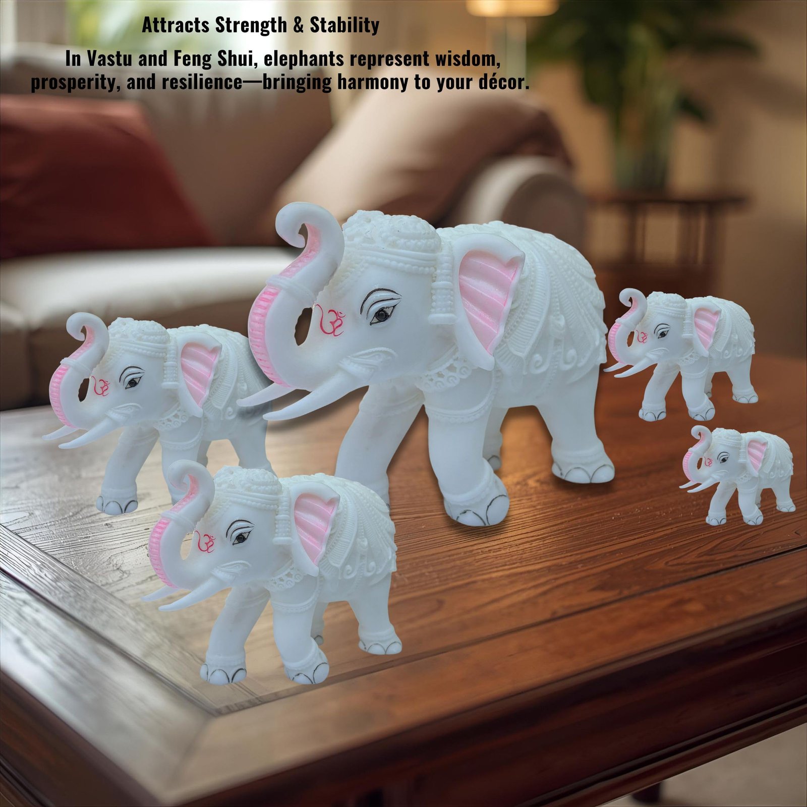 Elephant Family Showpiece Set of 5 – Royal Home Decorative Statues with Auspicious Om Symbol | White Marble-Resin Figurines for Diwali, Corporate & Housewarming Gifts - Image 6