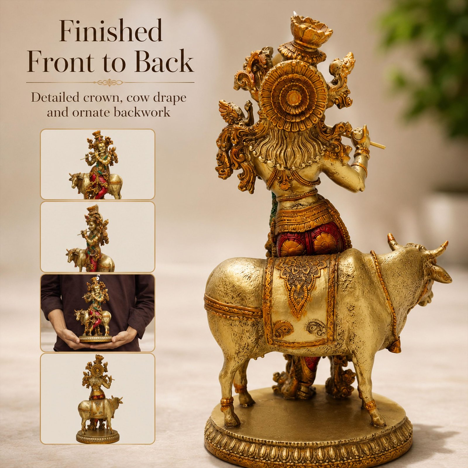 Govinda Gopala Statue, Lord Krishna and Cow Idol Showpiece, 10 Inch Double Coated Resin Antique Decorative Murti for Home Temple, Pooja Room & Gift - Image 5