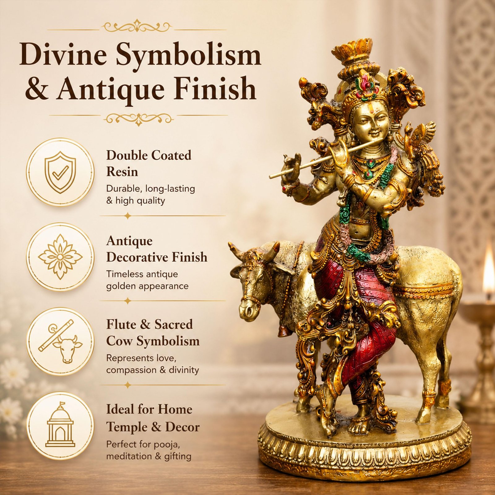 Govinda Gopala Statue, Lord Krishna and Cow Idol Showpiece, 10 Inch Double Coated Resin Antique Decorative Murti for Home Temple, Pooja Room & Gift - Image 2