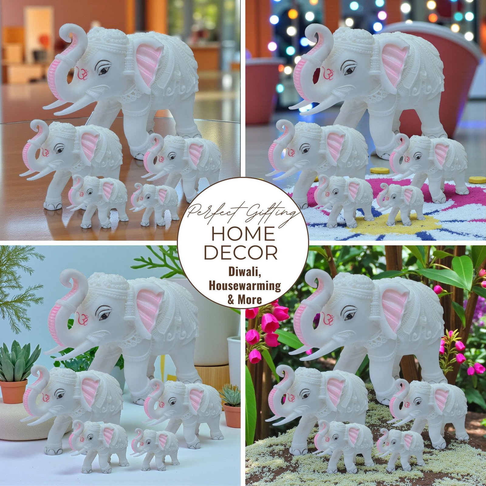Elephant Family Showpiece Set of 5 – Royal Home Decorative Statues with Auspicious Om Symbol | White Marble-Resin Figurines for Diwali, Corporate & Housewarming Gifts - Image 5