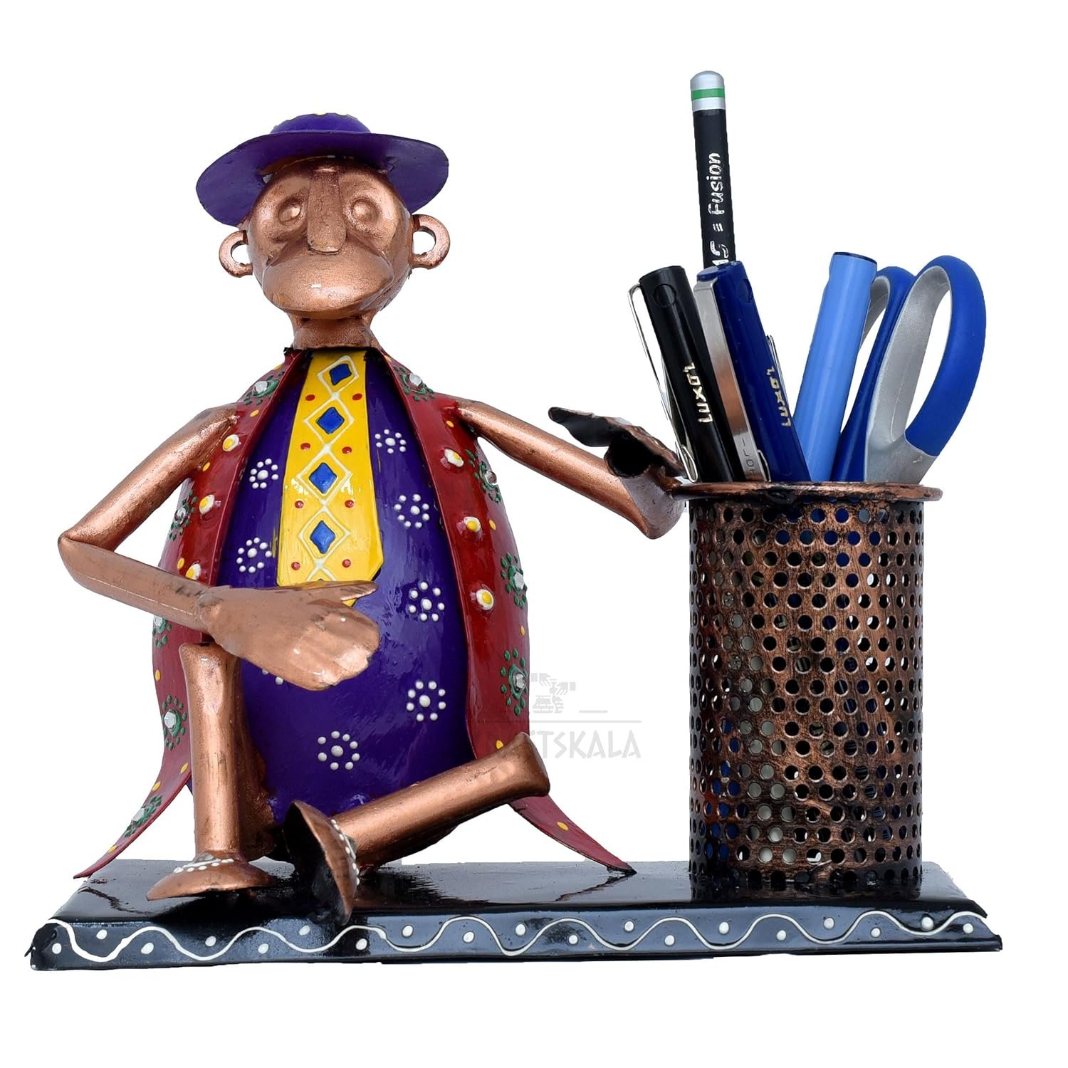 Desk Pen Stand Monkey Showpiece Iron Stationery Holder Paint brush Pen Pencil Stand for Desk Study Table Office Work Organizer Home Decor (Red)