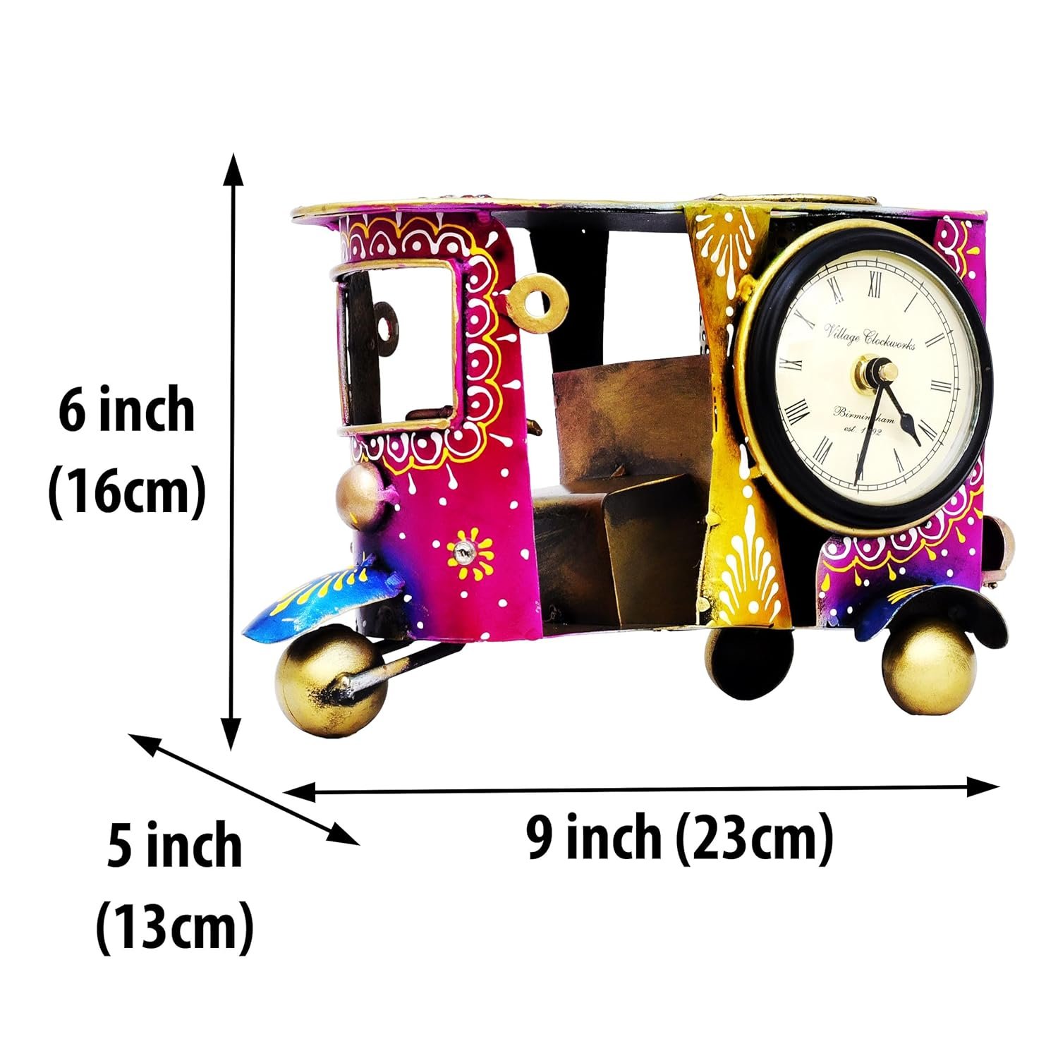 Desk Pen Stand with Table Clock, Decorative Auto Rickshaw Showpiece Stationery Holder Brush Pencil Stand for Work Desk Study Table Students Office Organizer Home Decor - Image 4