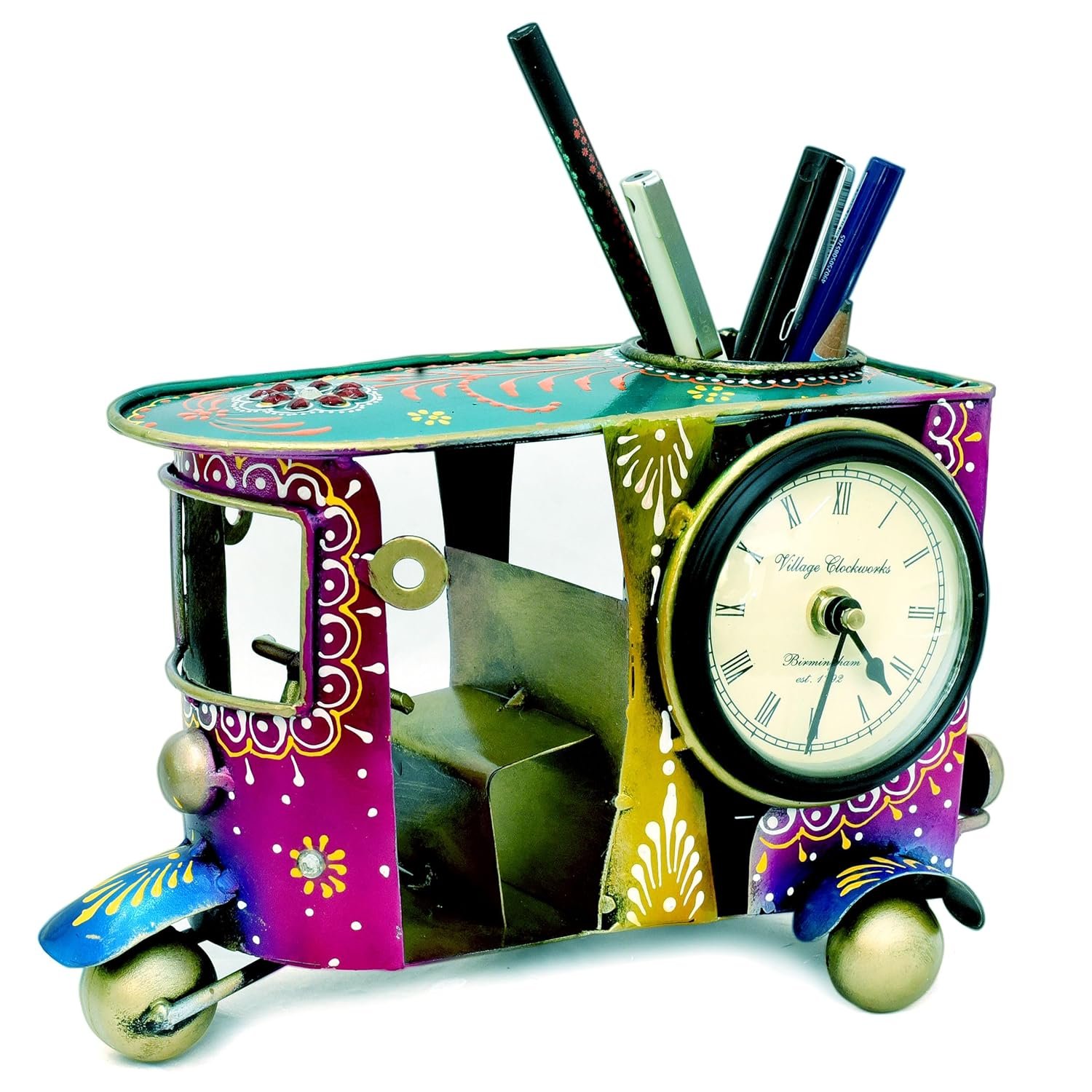 Desk Pen Stand with Table Clock, Decorative Auto Rickshaw Showpiece Stationery Holder Brush Pencil Stand for Work Desk Study Table Students Office Organizer Home Decor - Image 2