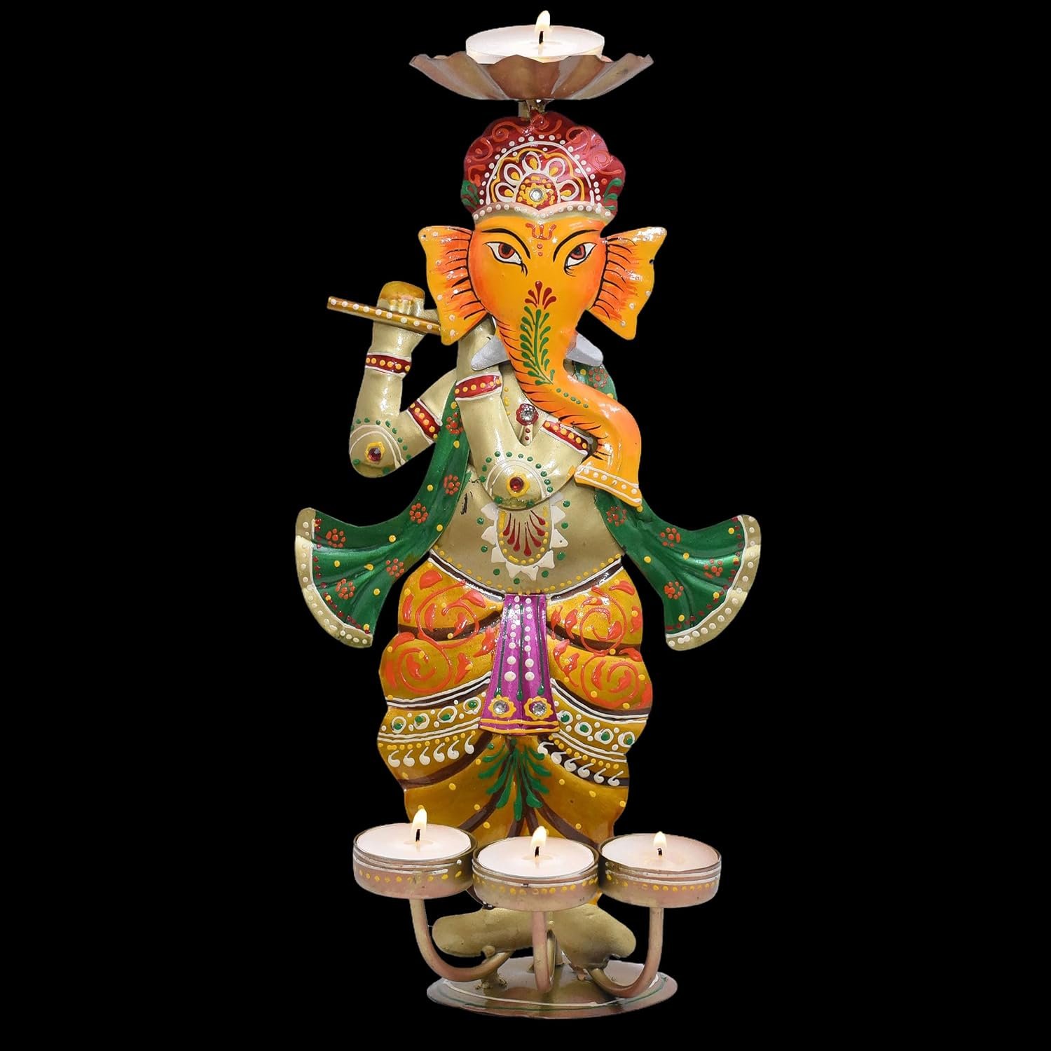 Ganesh Diya Tealight Candle Holder Decorative Ganpati 4 T-Light Showpiece Metal Statue Candle Burner for Living Room, Diwali Gifts, Home Decor