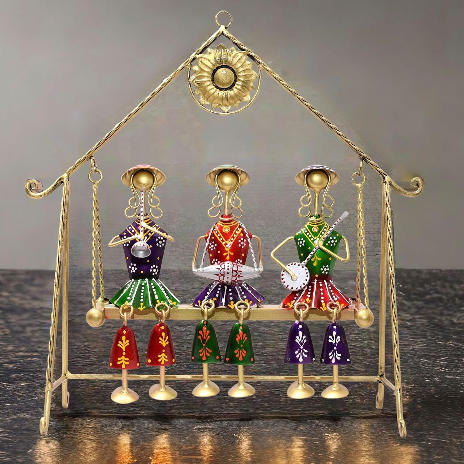 Three Rajasthani Musician Dolls Swing Set Home Decor Items for Living Room, Large 16 x 16 inch Metal Tabletop Showpiece Hanging Jhula for Centertable, Shelf, Gifting