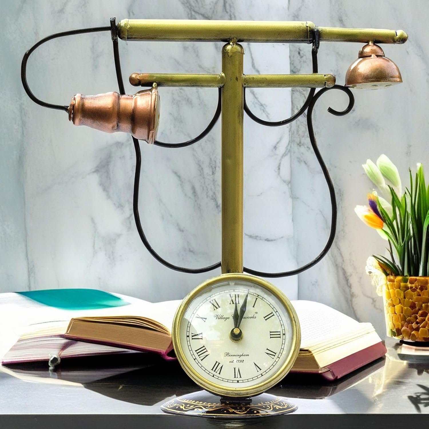Iron Vintage Retro Tabletop Analog Clock Showpiece Classic Living Room, Home and Office Decor, for Special Occasions (Telephone), 35.5 Centimeters, 11 CM, Gold - Image 7