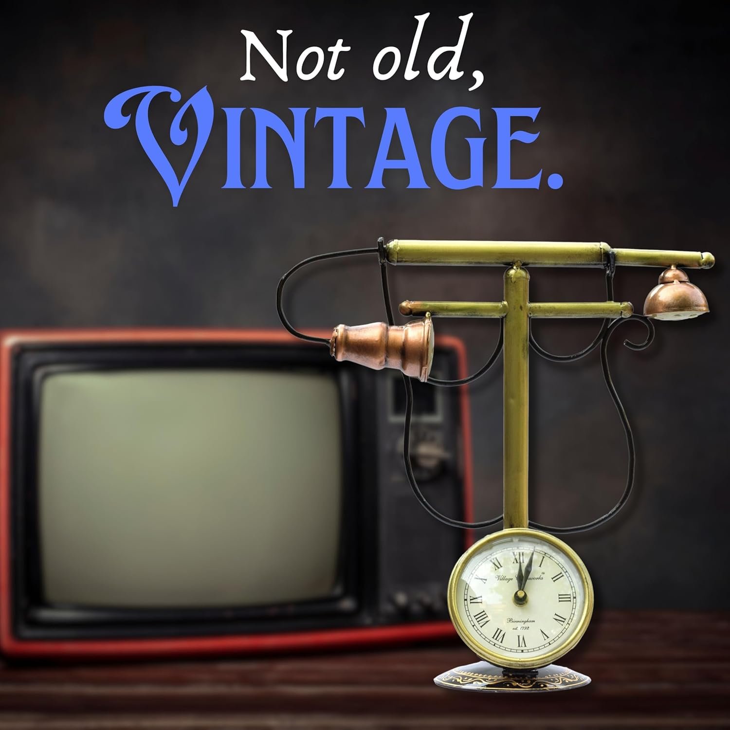 Iron Vintage Retro Tabletop Analog Clock Showpiece Classic Living Room, Home and Office Decor, for Special Occasions (Telephone), 35.5 Centimeters, 11 CM, Gold - Image 3