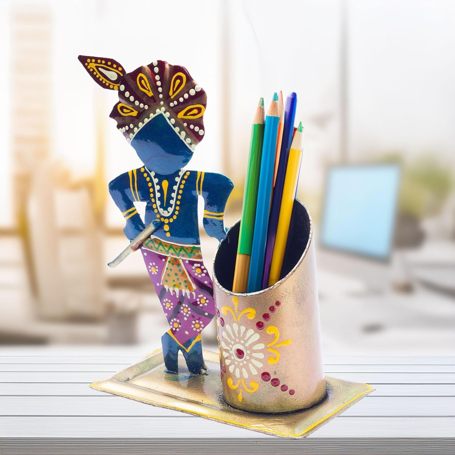 Study Table Office Desk Pen Stationery Holder Decorative Showpiece Pencil Stand for Home, Work Place (Gopala)