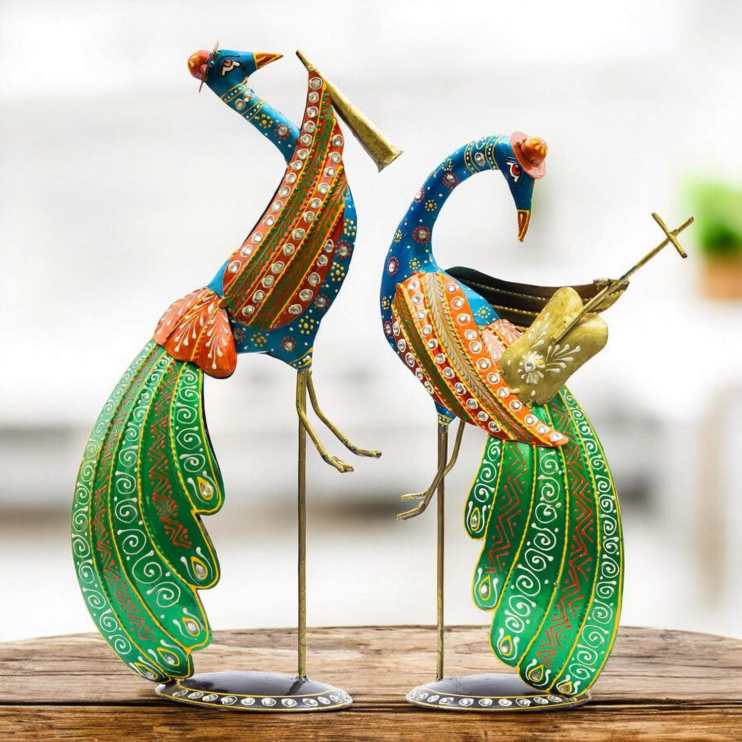 Vibrant Home Décor Figurines – Handcrafted Iron Metal Tabletop Showpieces for Livign Room, Hallway, Offices, Festive Gifting (Peacock Musicians)
