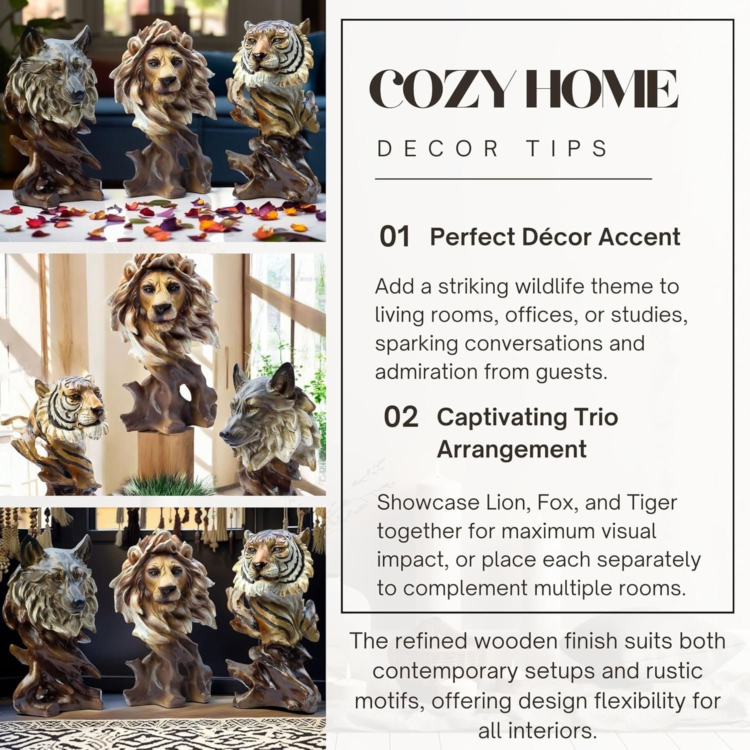 The Lion, Fox & Tiger Polyresin Showpieces – 11" Lifelike Animal Sculptures with Polished Wooden Finish for Rustic Home Décor, Office, Gifts - Image 4