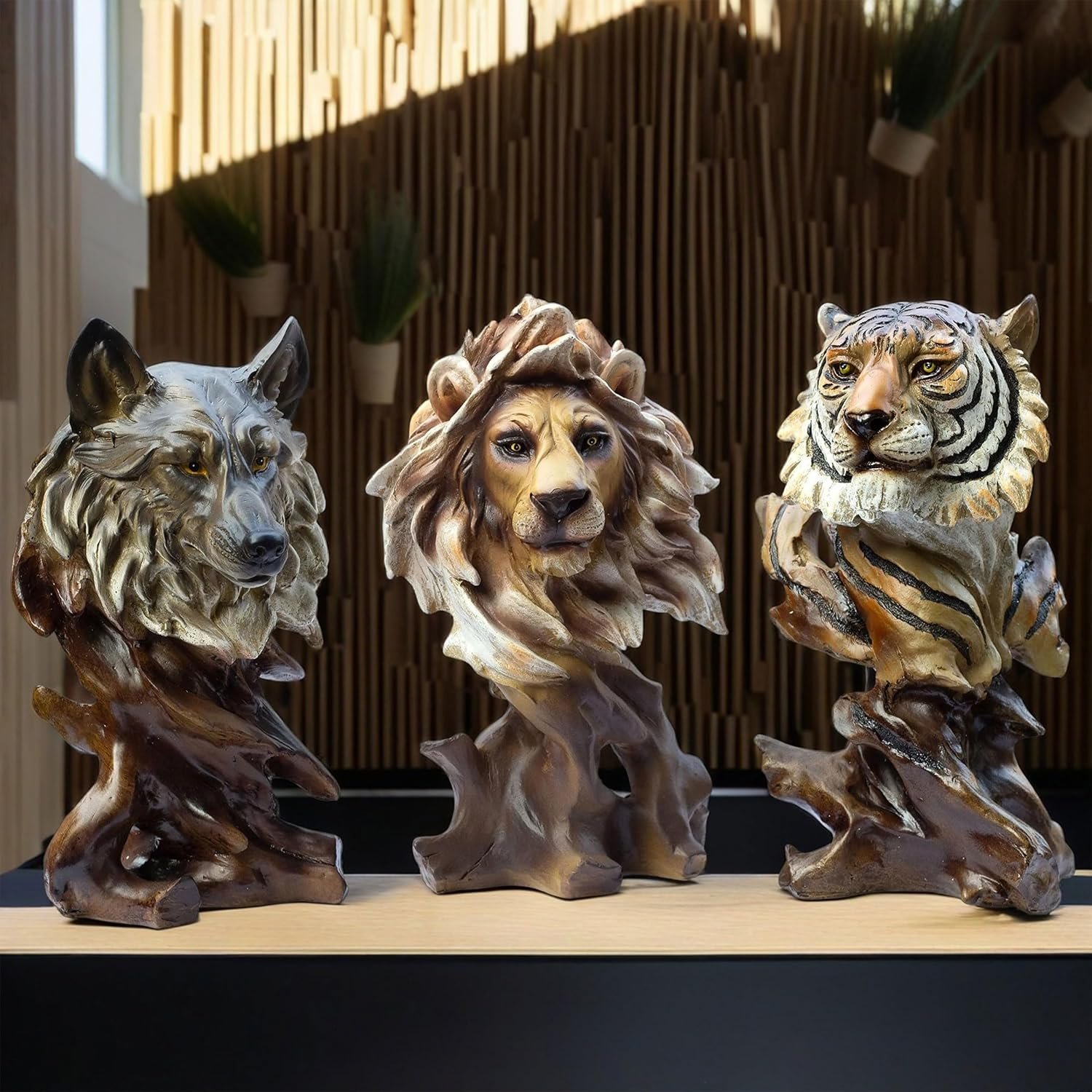 The Lion, Fox & Tiger Polyresin Showpieces – 11" Lifelike Animal Sculptures with Polished Wooden Finish for Rustic Home Décor, Office, Gifts