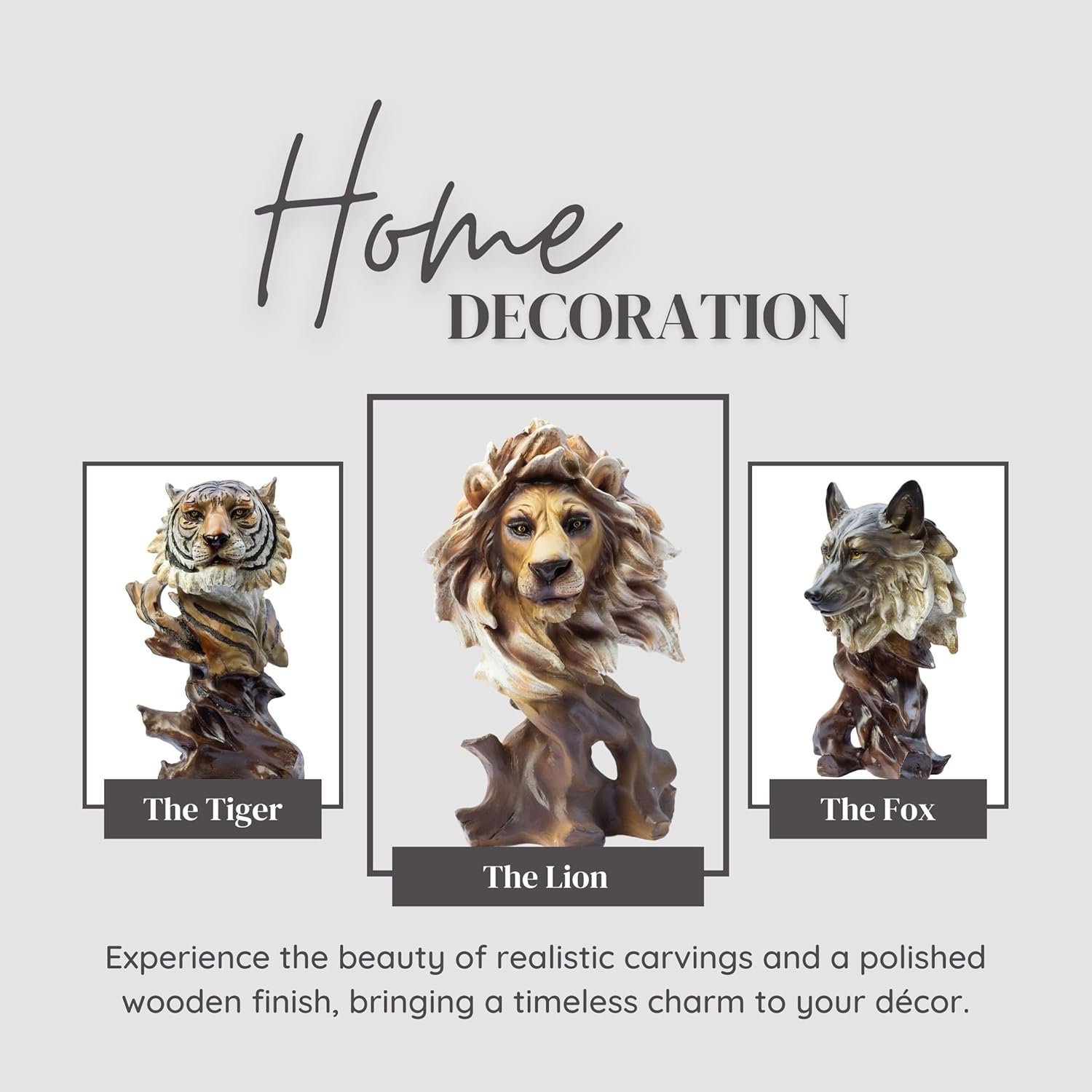 The Lion, Fox & Tiger Polyresin Showpieces – 11" Lifelike Animal Sculptures with Polished Wooden Finish for Rustic Home Décor, Office, Gifts - Image 3