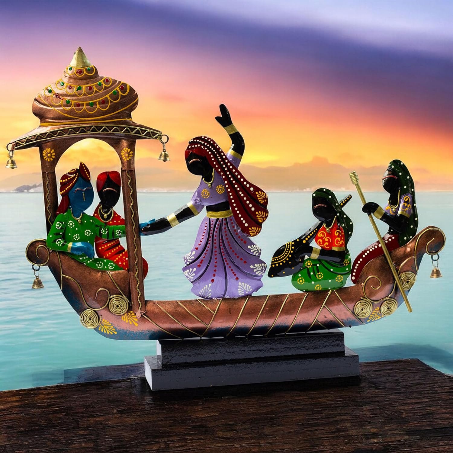 Handcrafted Ethnic Tribal Boat with Dancing Musicians Showpiece - 15x18 Inch Home Décor with Wooden Base - Gift for Housewarming, Festivals, Weddings, Corporate Events
