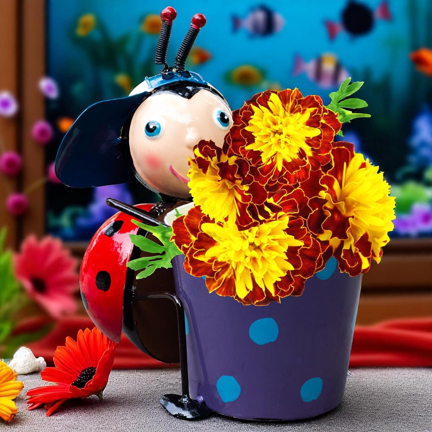 Ladybug Metal Plant Pot – Cute Decorative Planter for Succulents, Bonsai, Flowers – Indoor Outdoor Garden Decor for Table, Home Decor, Office, Balcony (Red Ladybug)
