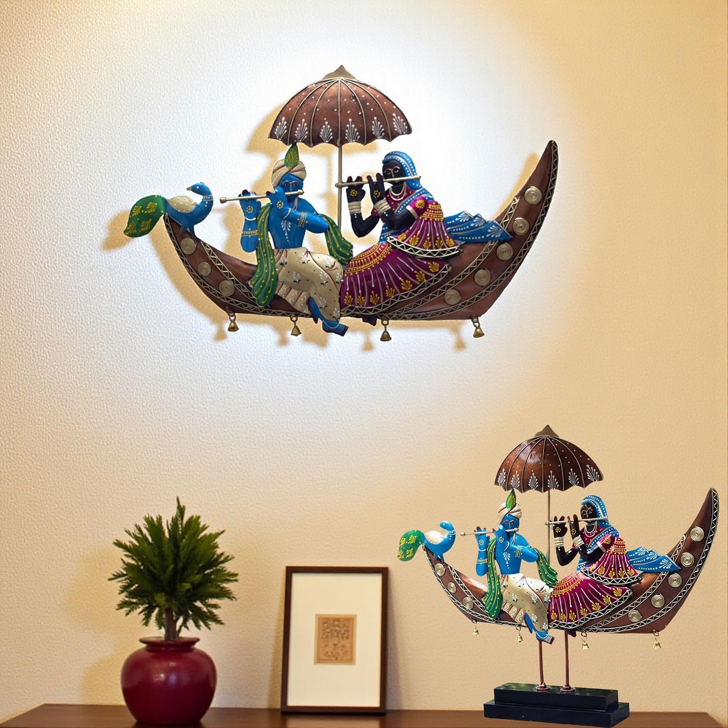 Radha Krishna on Boat Showpiece – 2-in-1 Wall Hanging & Tabletop Iron Metal Decor with Wooden Base | 22 Inch Handcrafted Figurine for Living Room, Diwali Gifting