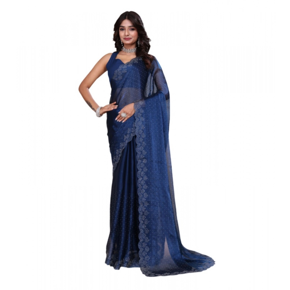 Spherevant Women's Jimmy choo Embellished Bollywood Saree With Unstitched Blouse 5.5Mtr (Blue)