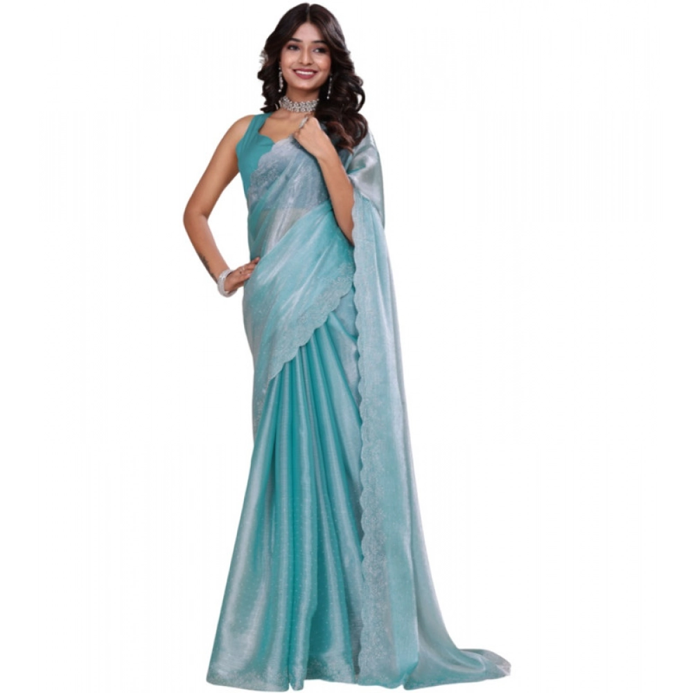 Spherevant Women's Jimmy choo Embellished Bollywood Saree With Unstitched Blouse 5.5Mtr (Light Blue)
