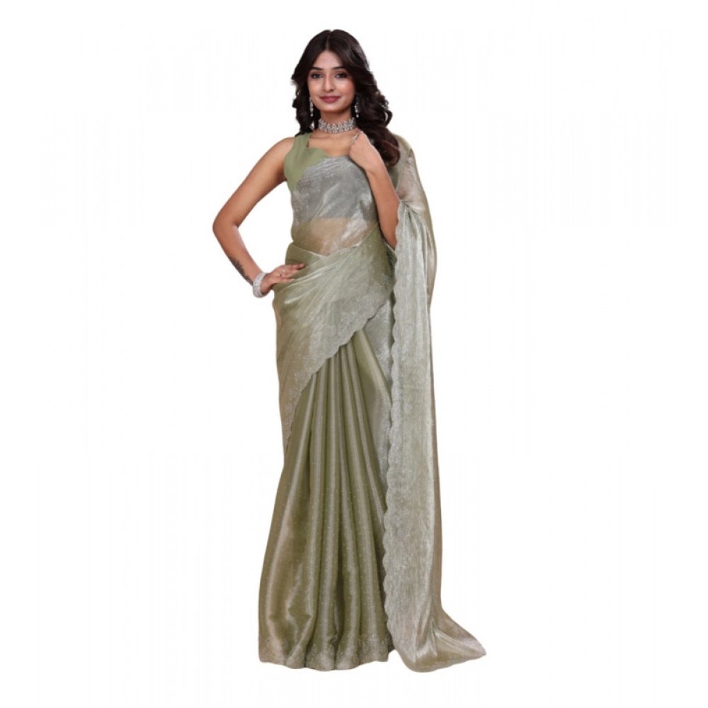 Spherevant Women's Jimmy choo Embellished Bollywood Saree With Unstitched Blouse 5.5Mtr (Light Green)