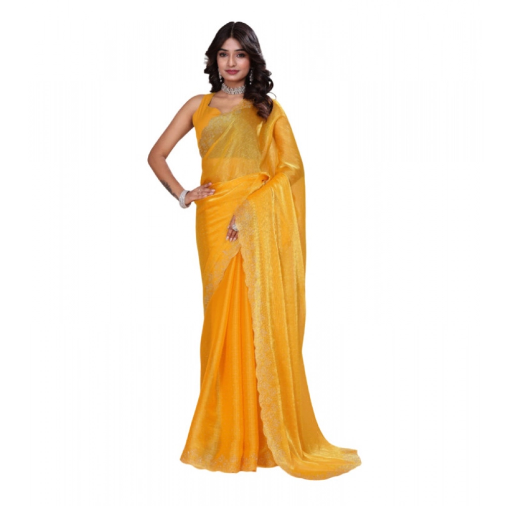 Spherevant Women's Jimmy choo Embellished Bollywood Saree With Unstitched Blouse 5.5Mtr (Mustard)