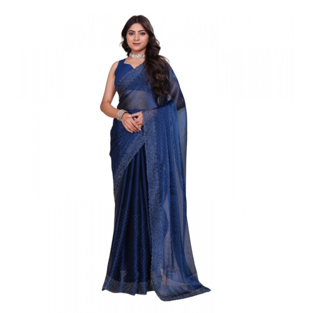 Spherevant Women's Jimmy choo Embellished Bollywood Saree With Unstitched Blouse 5.5Mtr (Blue)