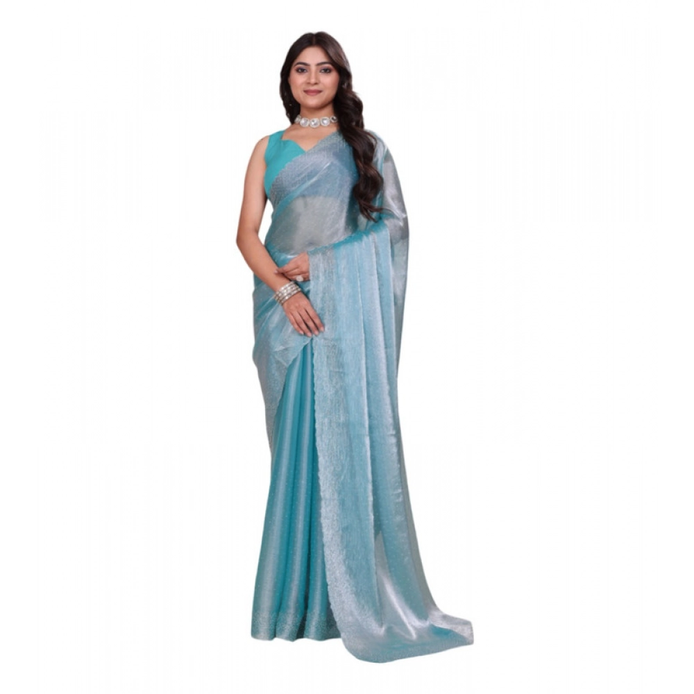 Spherevant Women's Jimmy choo Embellished Bollywood Saree With Unstitched Blouse 5.5Mtr (Light Blue)