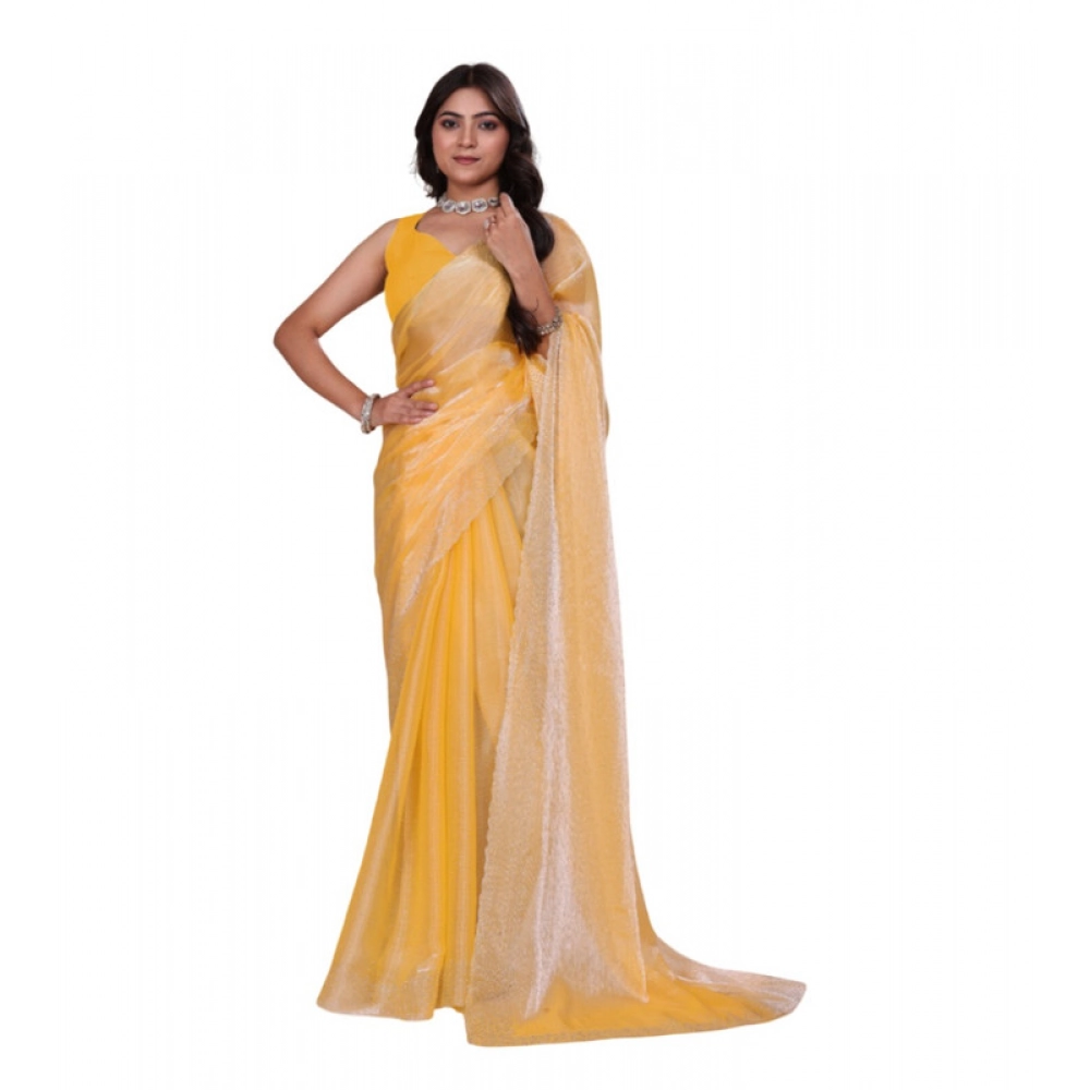 Spherevant Women's Jimmy choo Embellished Bollywood Saree With Unstitched Blouse 5.5Mtr (Yellow)