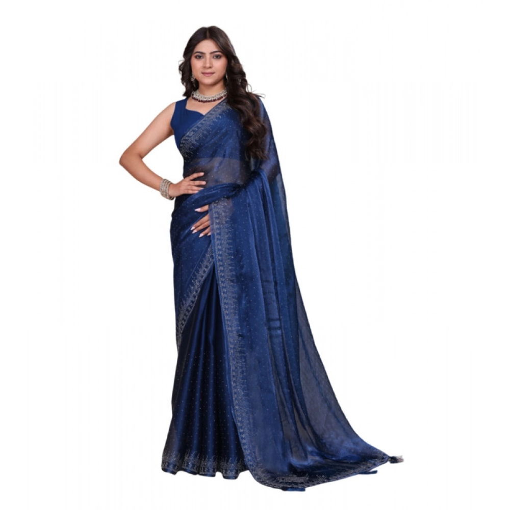 Spherevant Women's Jimmy choo Embellished Bollywood Saree With Unstitched Blouse 5.5Mtr (Blue)
