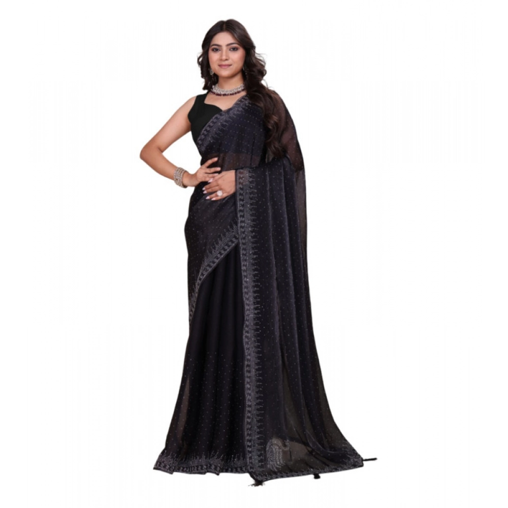 Spherevant Women's Jimmy choo Embellished Bollywood Saree With Unstitched Blouse 5.5Mtr (Black)