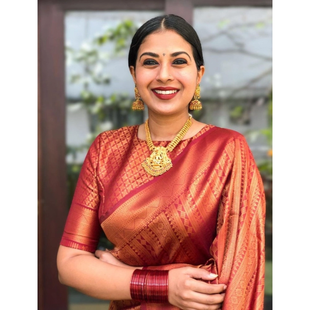 Spherevant Women's Litchi silk Printed Saree With Unstitched Blouse (Red)