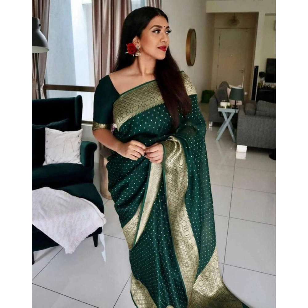 Spherevant Women's Litchi silk Printed Saree With Unstitched Blouse (Green)