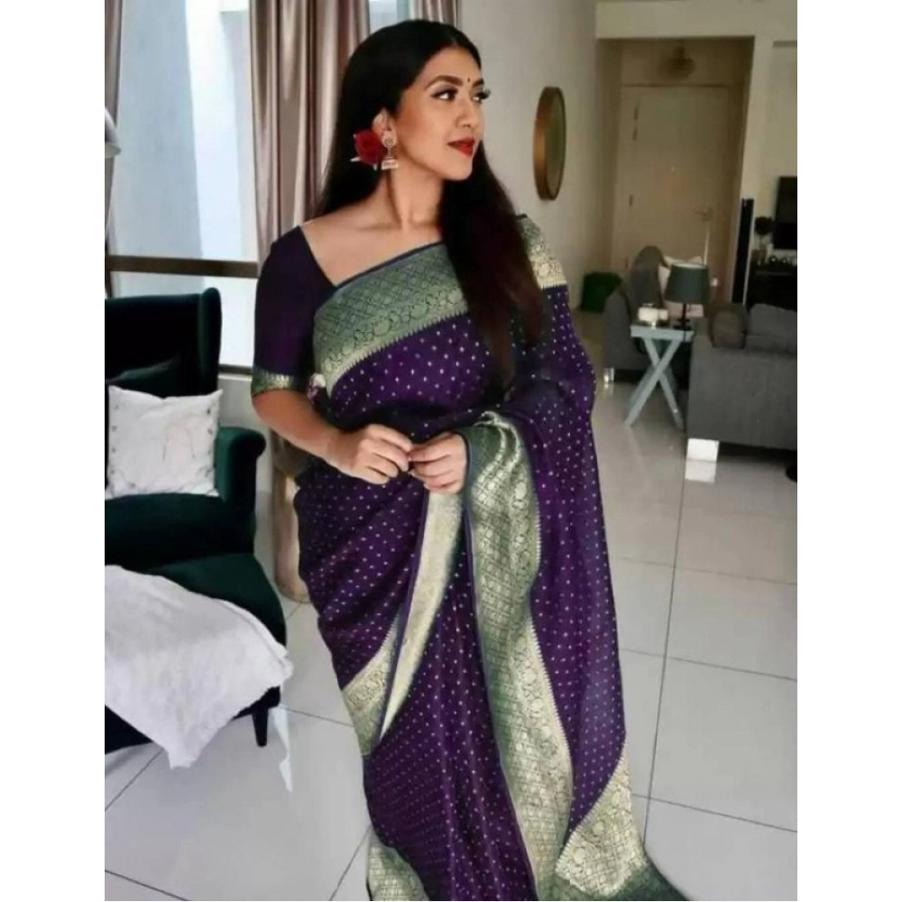 Spherevant Women's Litchi silk Printed Saree With Unstitched Blouse (Purple)