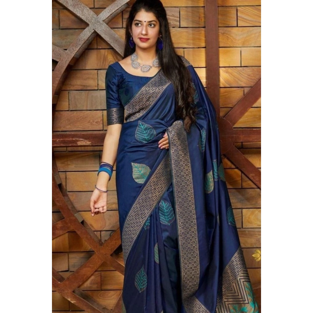 Spherevant Women's Litchi silk Printed Saree With Unstitched Blouse (Blue)