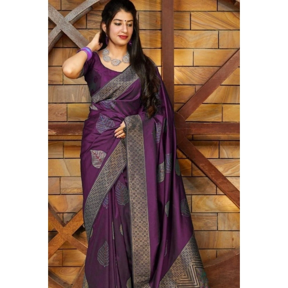 Spherevant Women's Litchi silk Printed Saree With Unstitched Blouse (Purple)