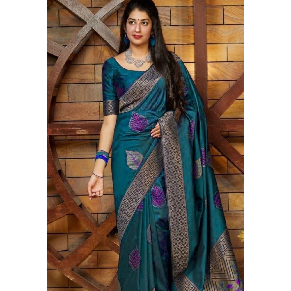 Spherevant Women's Litchi silk Printed Saree With Unstitched Blouse (Rama Blue)