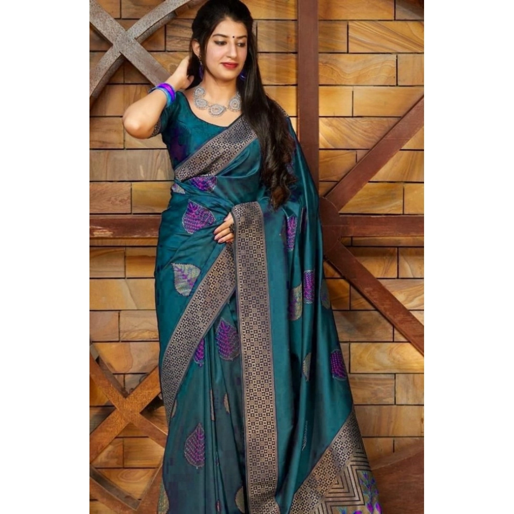 Spherevant Women's Litchi silk Printed Saree With Unstitched Blouse (Rama Blue) - Image 2