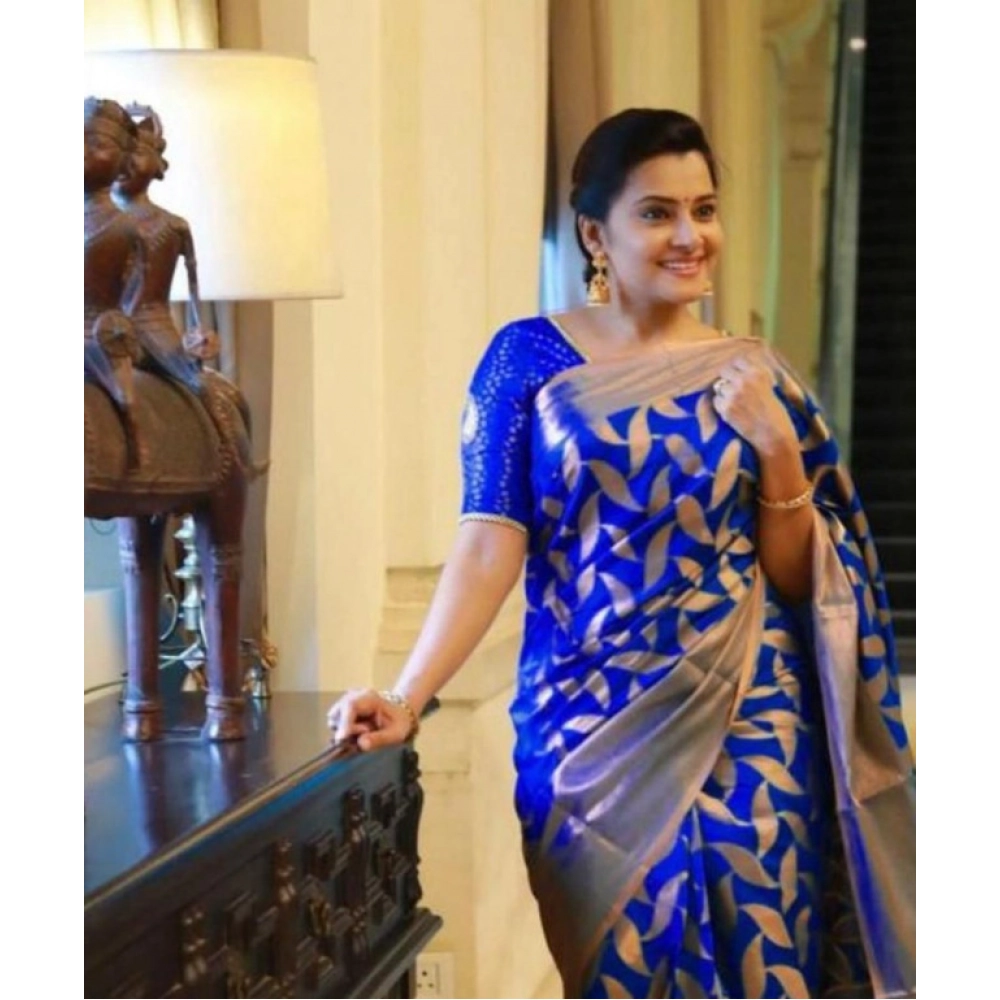 Spherevant Women's Litchi silk Printed Saree With Unstitched Blouse (Blue)