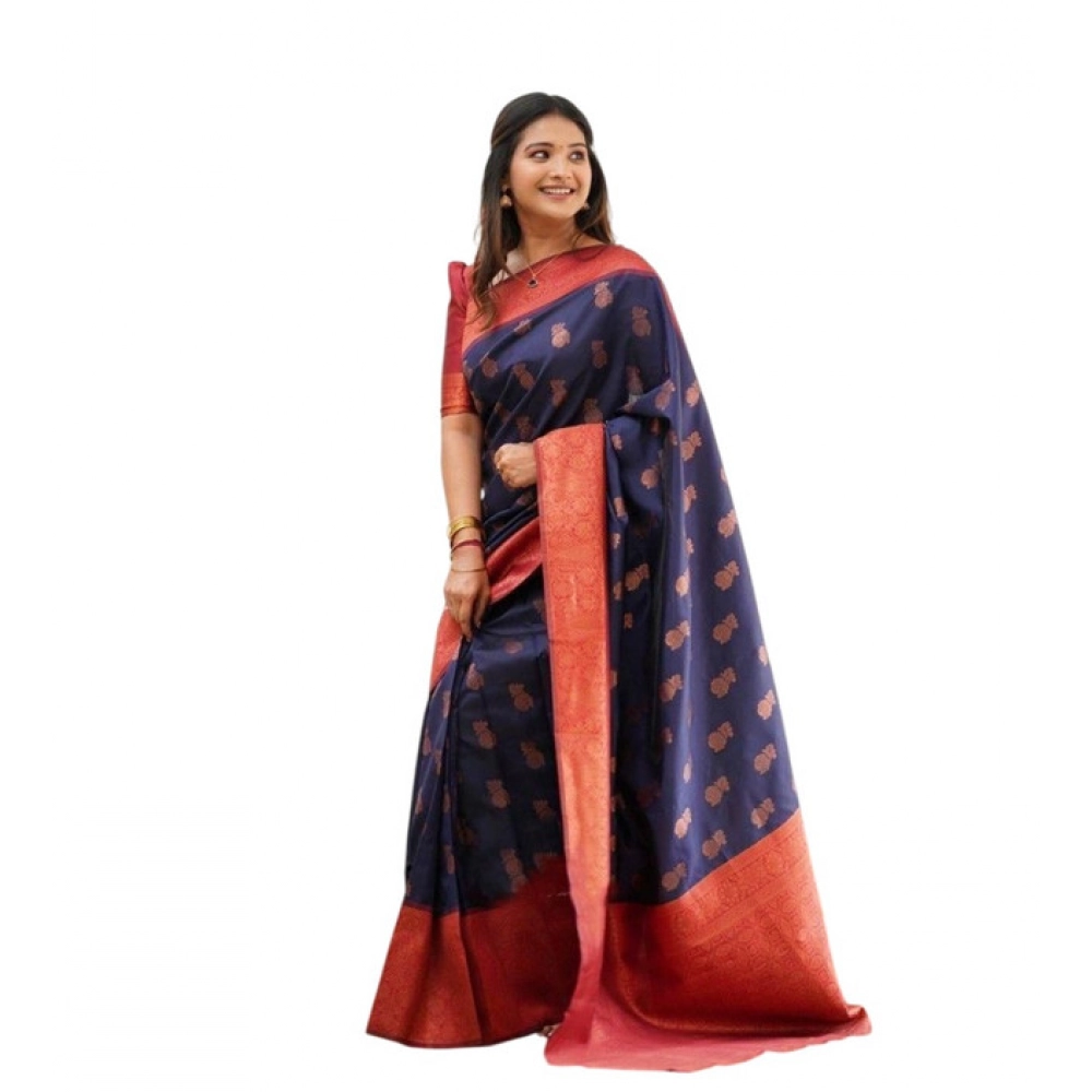 Spherevant Women's Litchi silk Printed Saree With Unstitched Blouse (Blue)