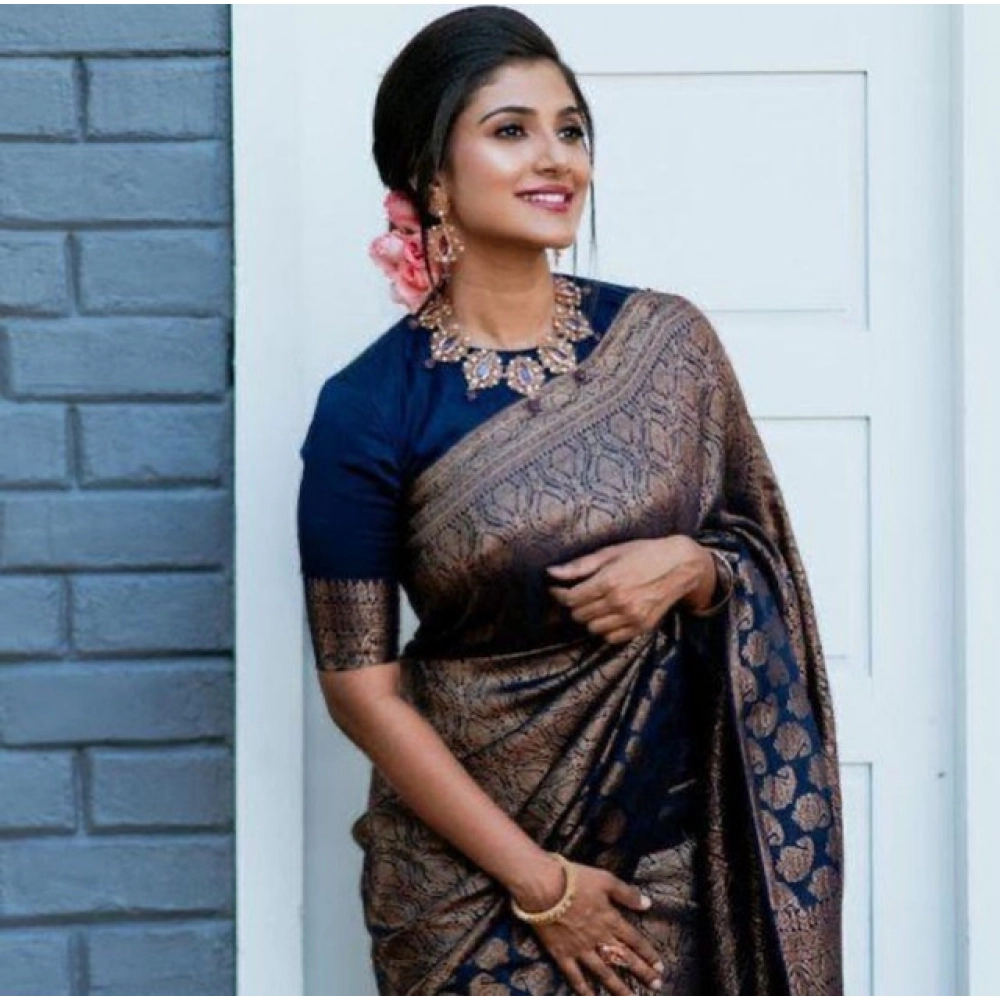 Spherevant Women's Litchi silk Printed Saree With Unstitched Blouse (Blue)