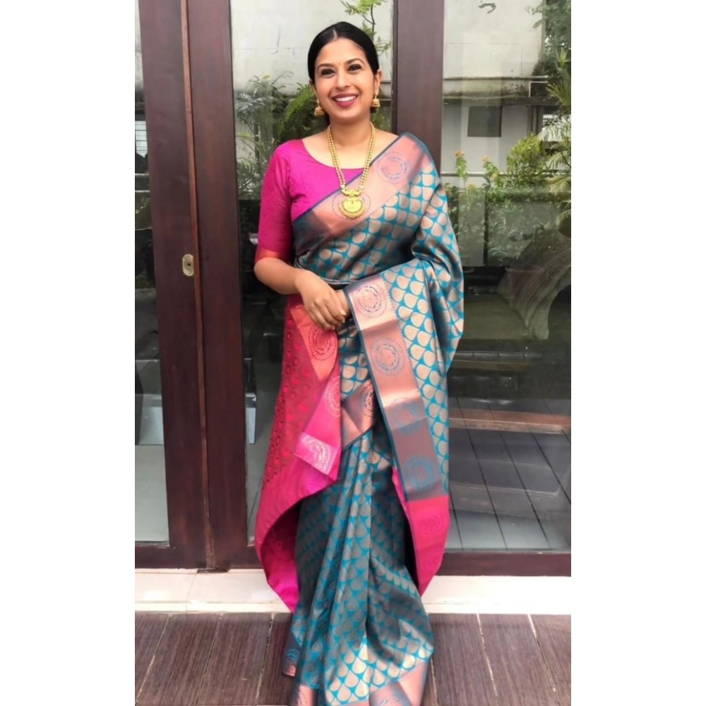 Spherevant Women's Litchi silk Printed Saree With Unstitched Blouse (Blue)